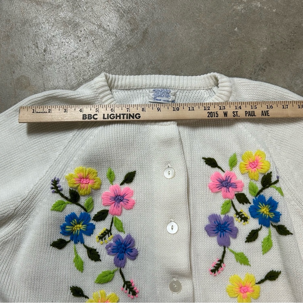 Vtg Sears 1960s Floral Crewel Embroidery Cardigan Pinup Boho Retro Acrylic XL - Picture 11 of 15